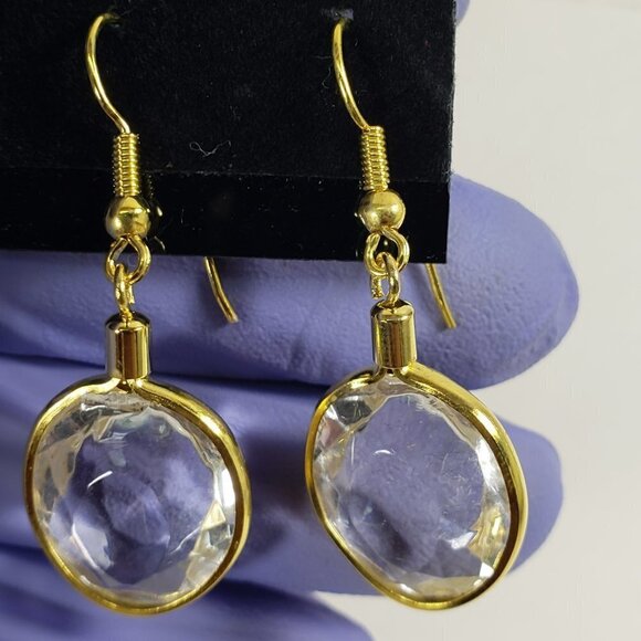 Elegant Clear Gem 1.5" Drop Earrings – Gold Tone Oval Dangle Lightweight Jewelry - Picture 5 of 8